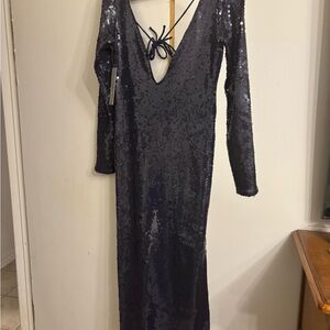 Anthropologie Navy Sequin Backless Dress